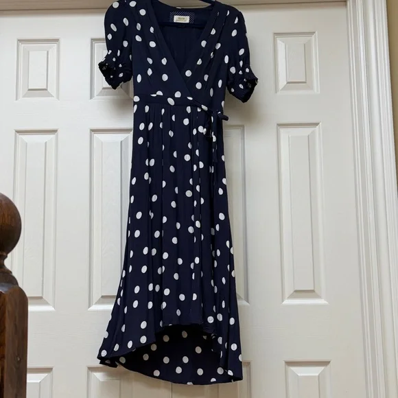 Anthropologie Navy and White Polka Dot Midi Dress - Picture 5 of 13